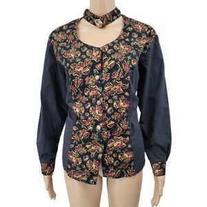 Ozark Mountain Jean Company Vintage Western Shirt Choker Collar Black Floral